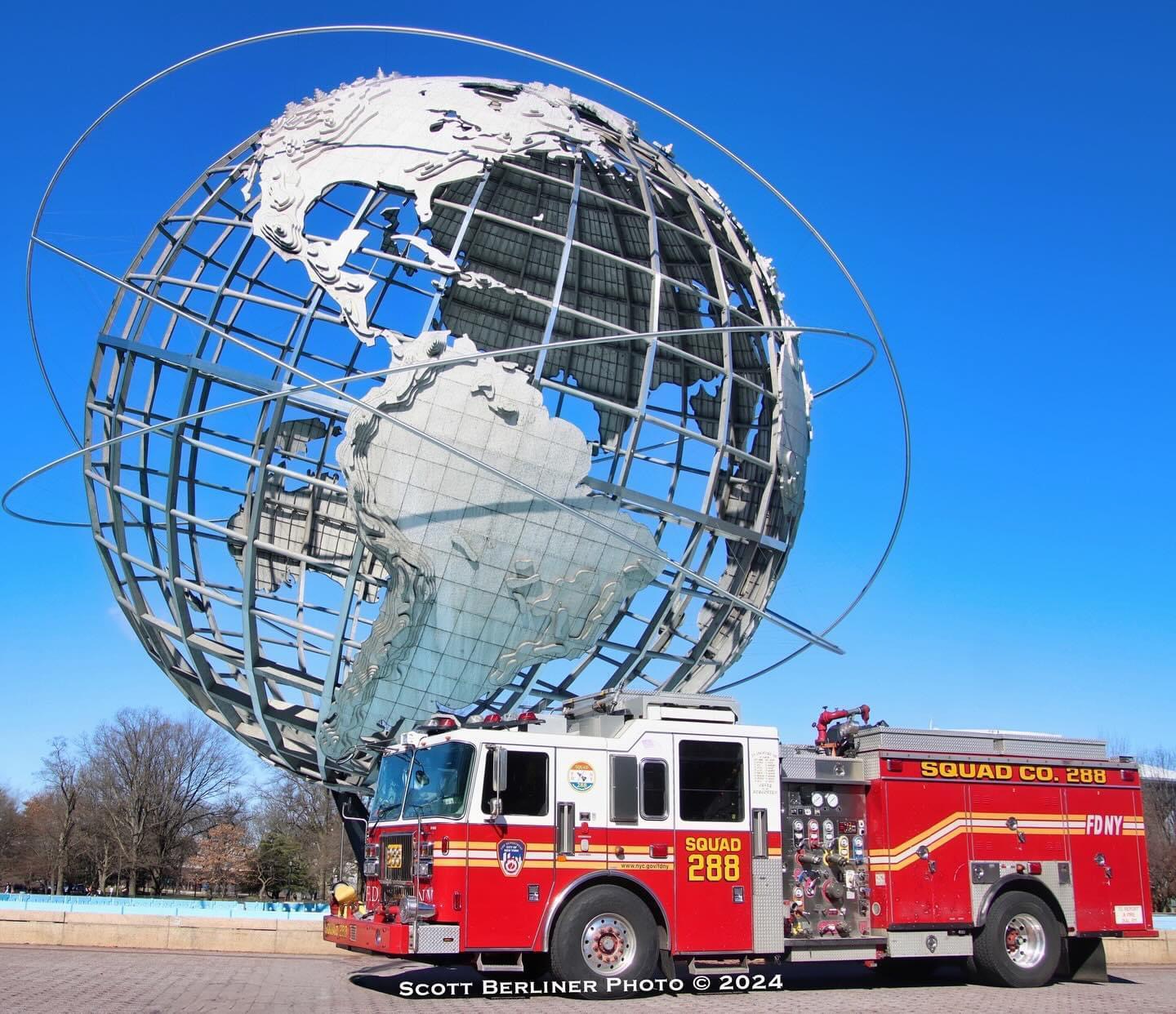 FDNY Squad 288 apparatus and members in front of the Maspeth firehouse